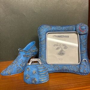Blue Decorative Frame and Shoe Purse Set